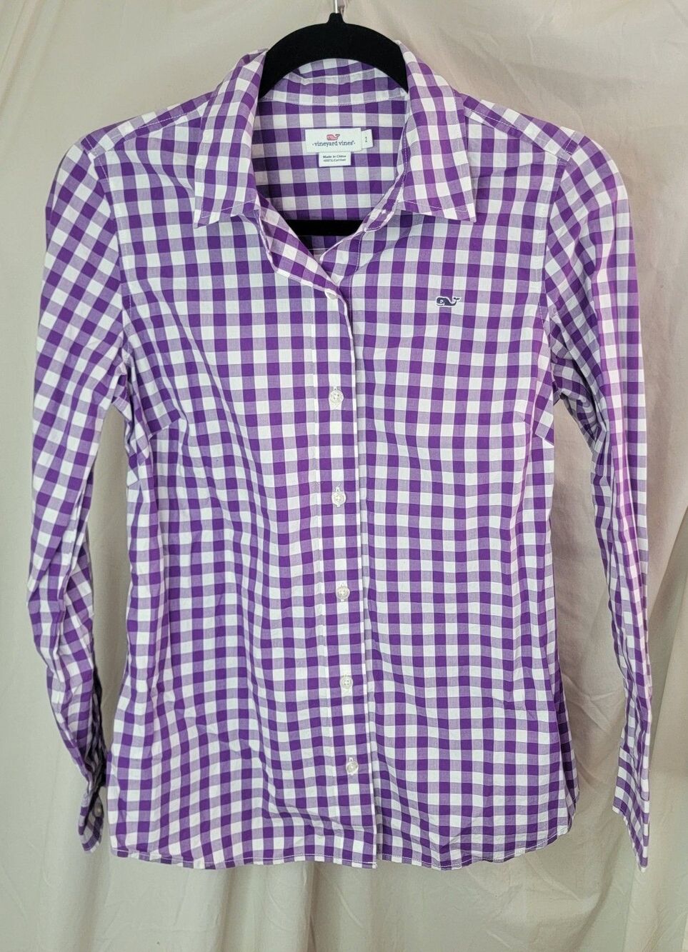 Vineyard Vines Womens Size 2 Purple Gingham Button Down Shirt Whale Logo Classic